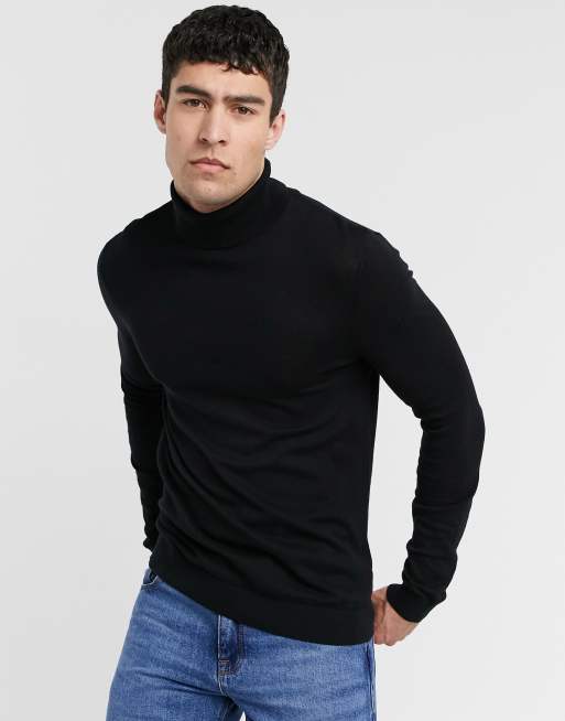 Topman long sleeve roll neck sweater in black | ASOS