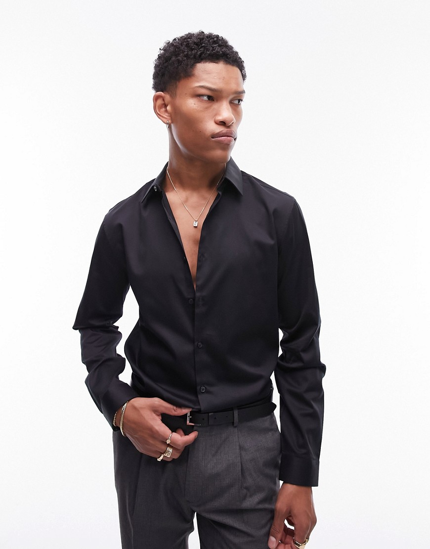 Topman long sleeve sateen shirt in black