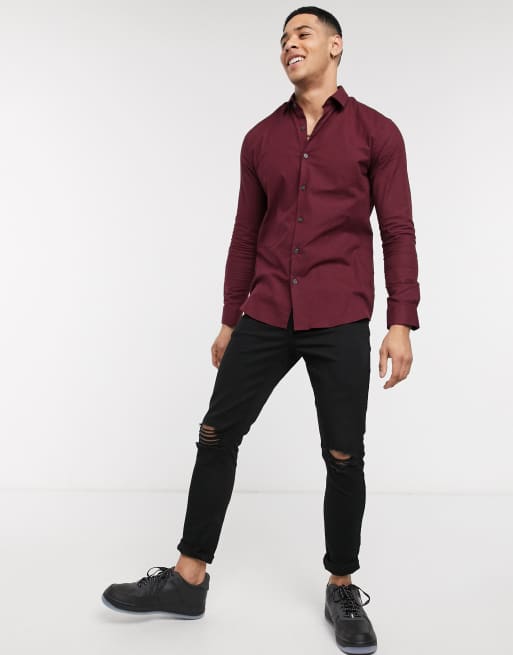 Burgundy shirt black store jeans