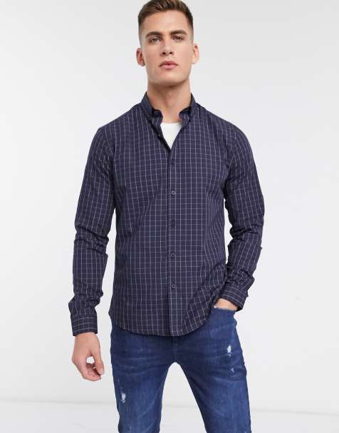 Topman long sleeve shirt in navy check - view 1