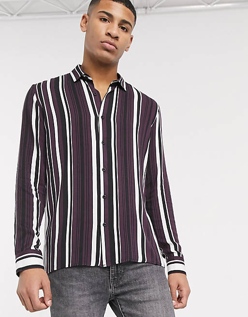 Topman long sleeve shirt with stripe burgundy & black stripe | ASOS