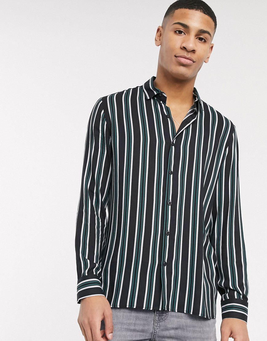 Topman long sleeve shirt with stripe in black & khaki