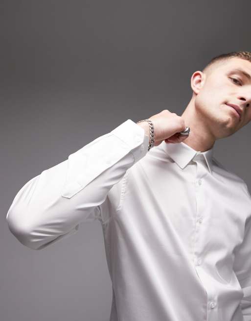 Topman long sleeve slim fit sateen shirt in white ASOS