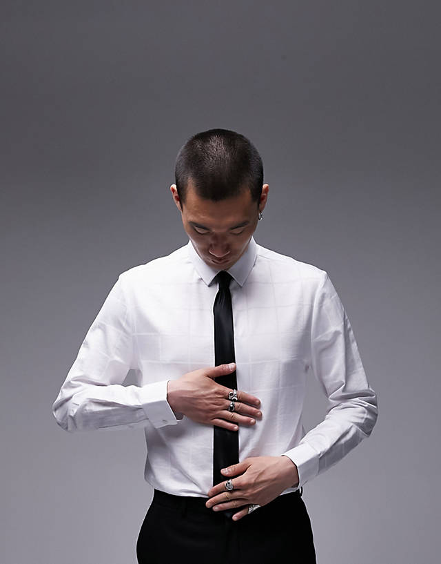 Topman - long sleeve slim formal window check shirt in white