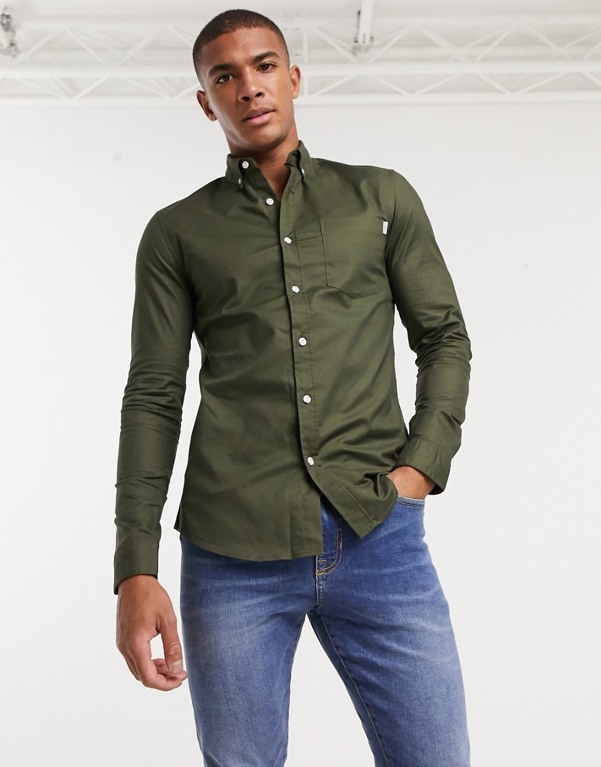 Topman long sleeve stretch oxford shirt in khaki-Green