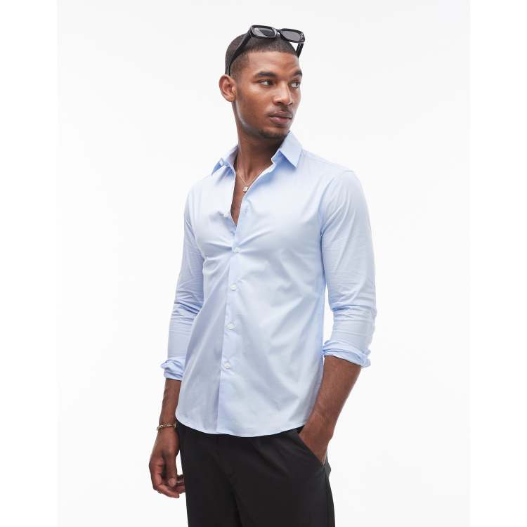 Topman long sleeve stretch shirt In blue ASOS