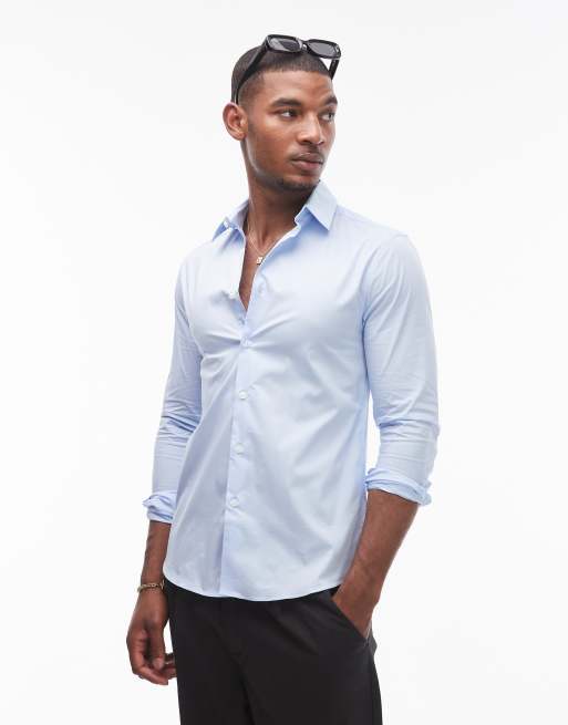 Topman long sleeve stretch shirt In blue