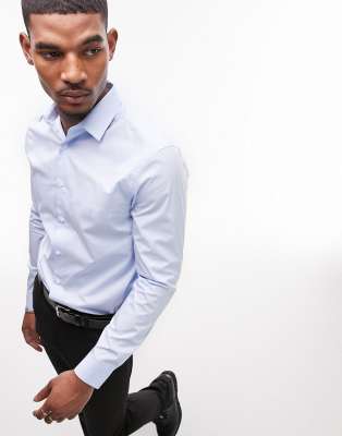Topman Topman long sleeve stretch skinny fit smart shirt in blue