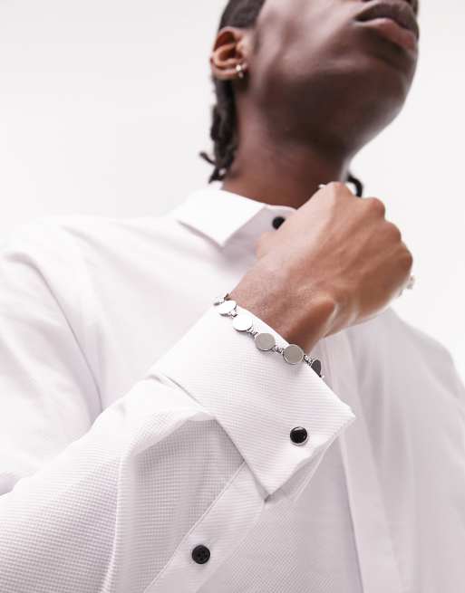 Topman long sleeve stretch skinny formal textured shirt with snap double cuff in white, 3 of 4
