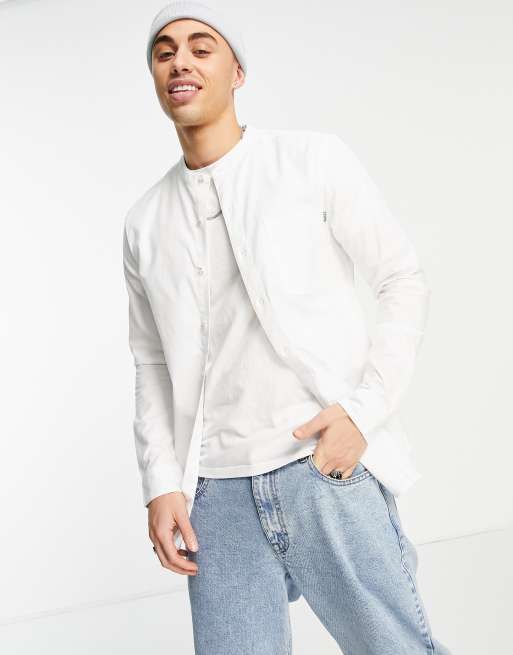 Topman long sleeve stretch skinny oxford grandad collar shirt in white, 2 of 4