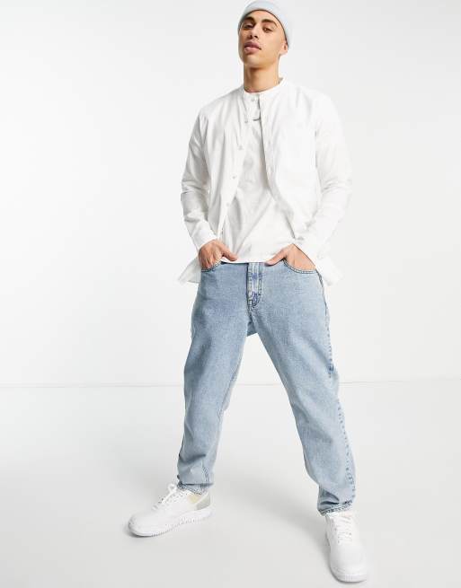Topman long sleeve stretch skinny oxford grandad collar shirt in white, 3 of 4
