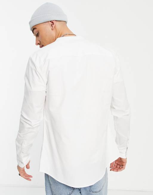 Topman long sleeve stretch skinny oxford grandad collar shirt in white, 4 of 4