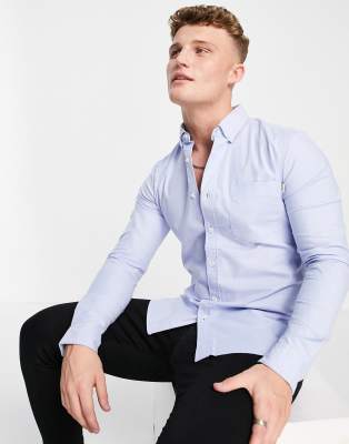 Topman long sleeve stretch skinny oxford shirt in blue