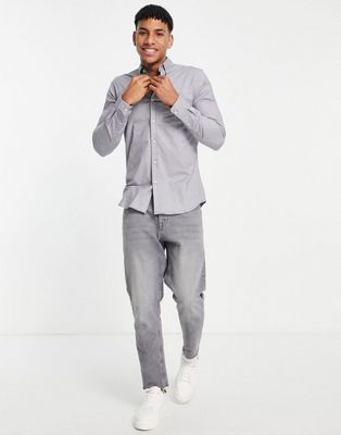 Topman long sleeve stretch skinny oxford shirt in grey