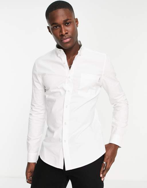 Topman long sleeve stretch skinny oxford shirt in white | ASOS