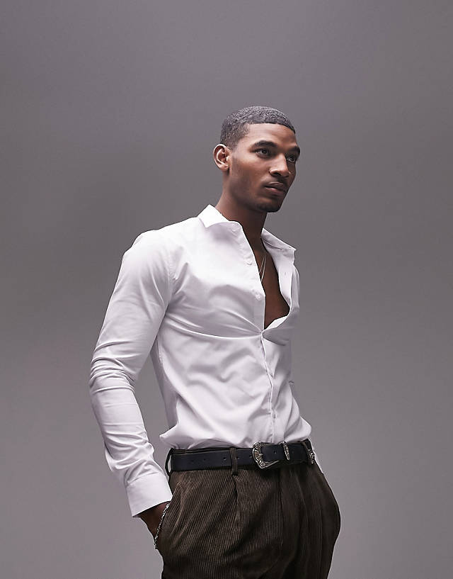 Topman - long sleeve stretch skinny smart shirt in white