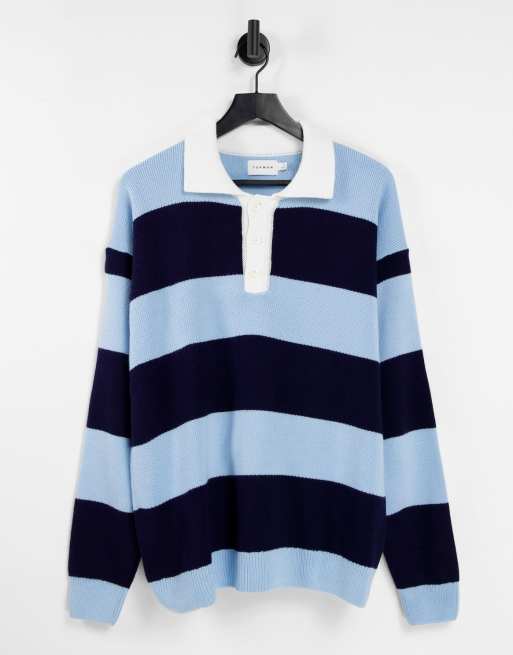Topman long sleeve stripe knitted rugby polo in navy and blue