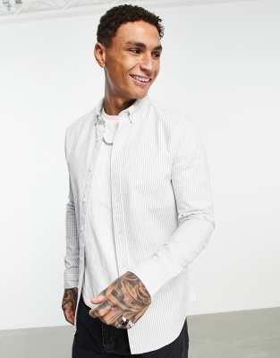Topman Long Sleeve Stripe Oxford Shirt In Gray And White-multi
