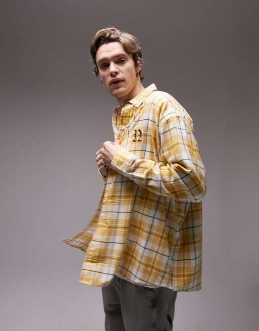 Topman long sleeve super oversized check shirt with embroidery in
