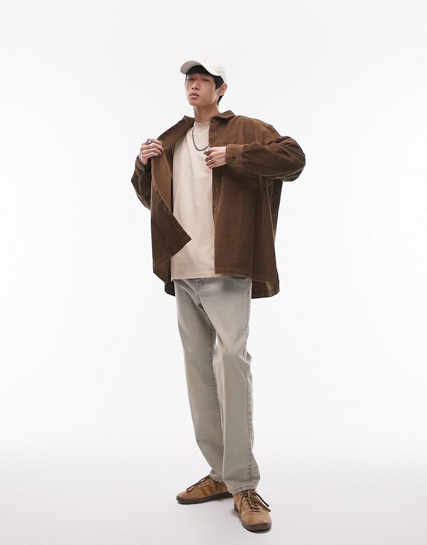 Topman long sleeve super oversized fit cord shirt in brown