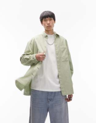 Topman long sleeve super oversized fit cord shirt in sage - ASOS Price Checker