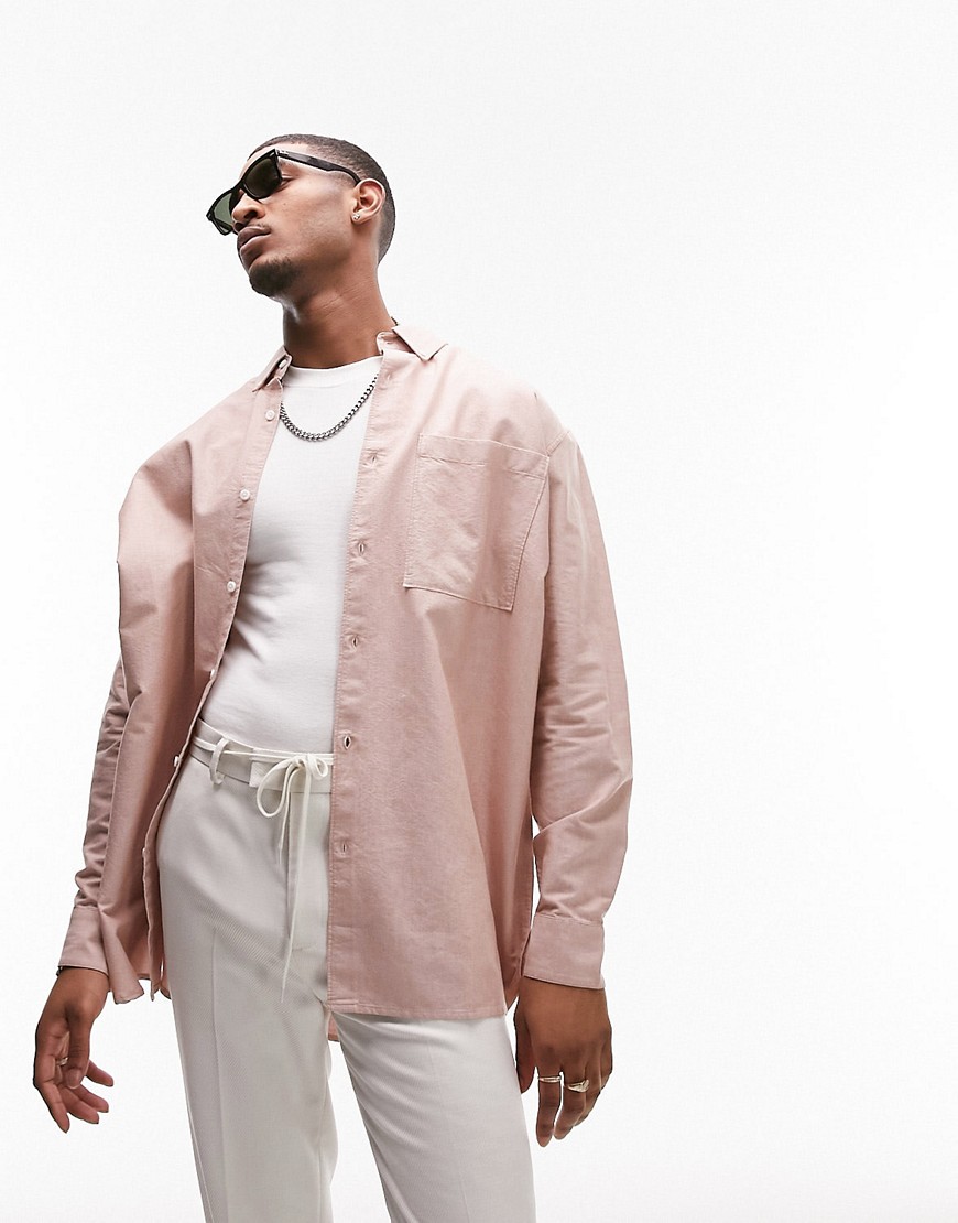 Topman long sleeve super oversized fit pocket detail shirt in pink-Brown