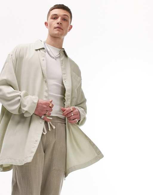 Topman long sleeve super oversized fit pocket shirt in sage 