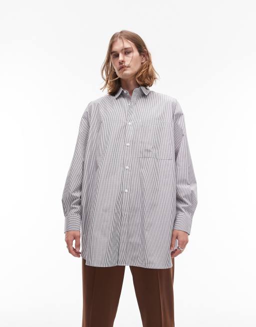 Topman long sleeve super oversized fit stripe shirt in gray and white ...