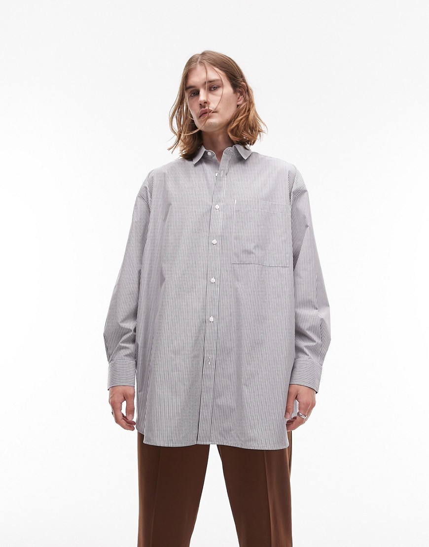 Topman long sleeve super oversized fit stripe shirt in grey and white-Multi