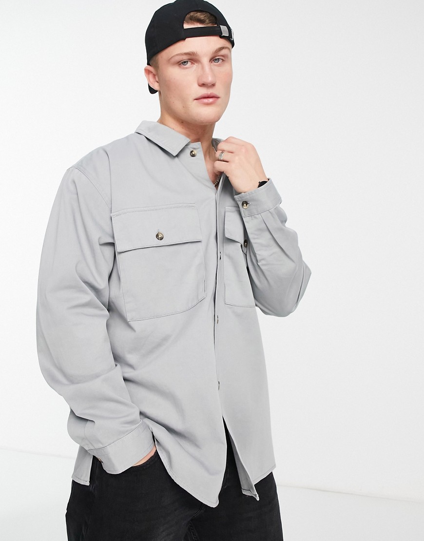 Topman long sleeve super oversized overshirt in charcoal-Grey