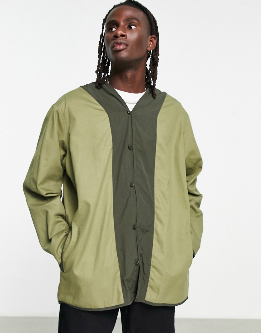 Topman long sleeve supreme oversized collarless overshirt with back design in khaki-Green