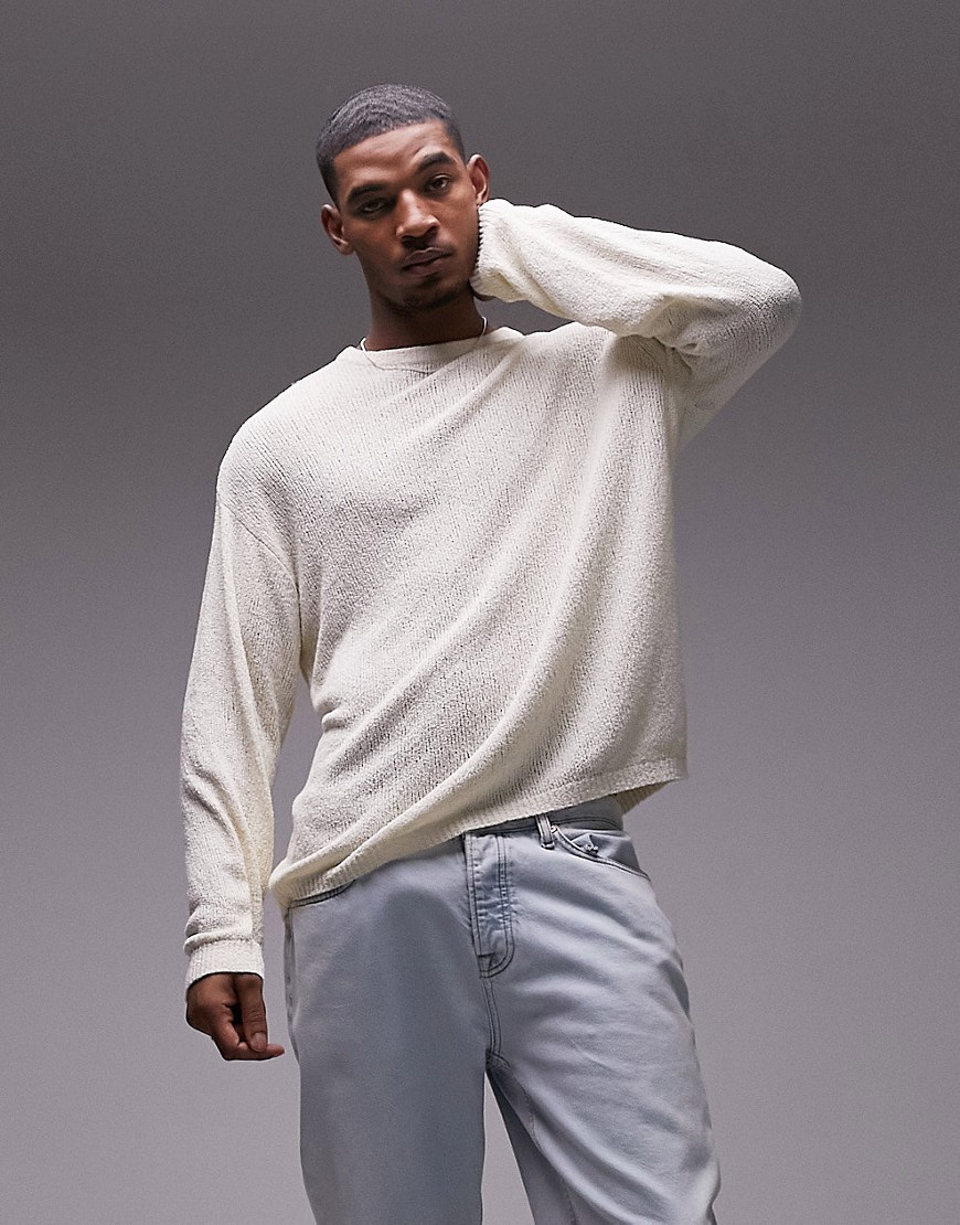 Topman long sleeve textured boucle jumper in stone-Neutral