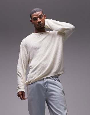 long sleeve textured boucle sweater in stone-Neutral