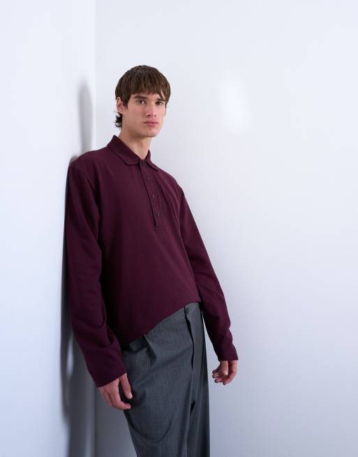 Topman long sleeve textured polo shirt in burgundy, 2 of 5