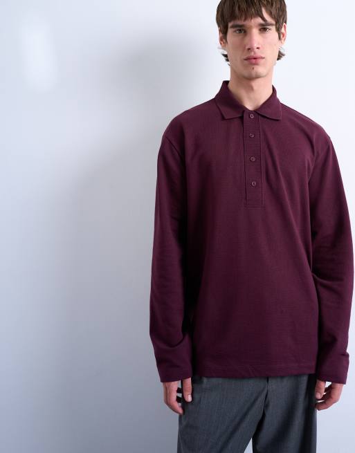 Topman long sleeve textured polo shirt in burgundy, 3 of 5