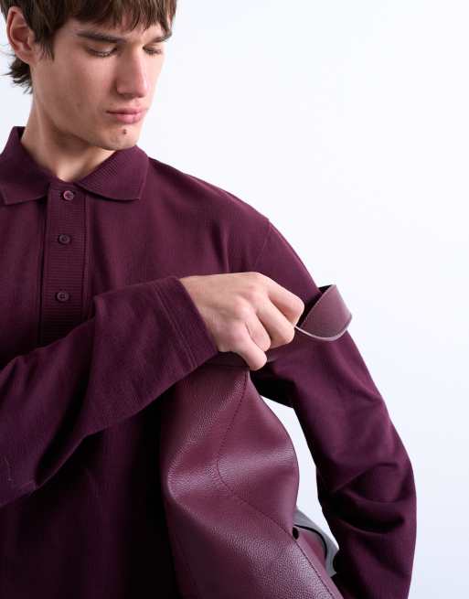 Topman long sleeve textured polo shirt in burgundy, 4 of 5
