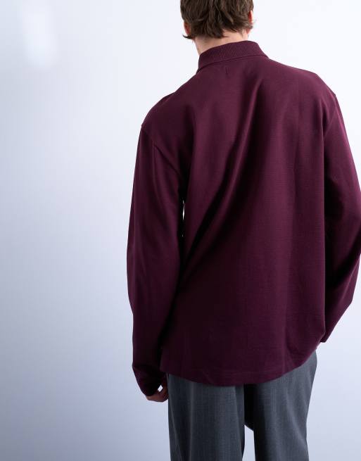 Topman long sleeve textured polo shirt in burgundy, 5 of 5