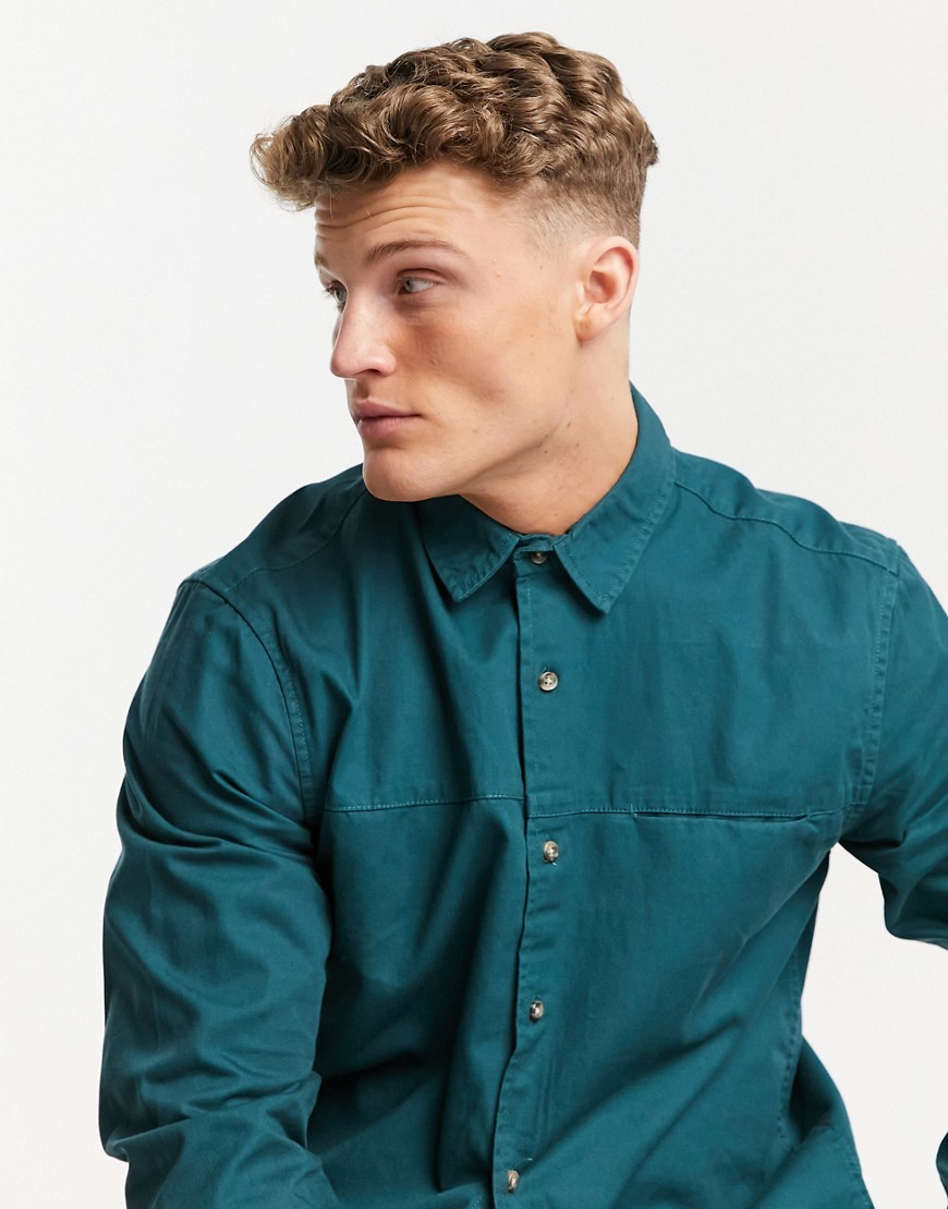 Topman long sleeve twill shirt in blue-Green