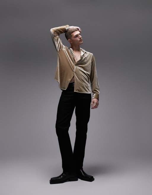 Topman long sleeve velvet regular fit revere shirt in champagne, 2 of 4