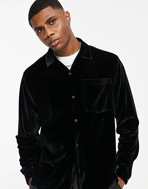  Topman long sleeve velvet shirt in black 
