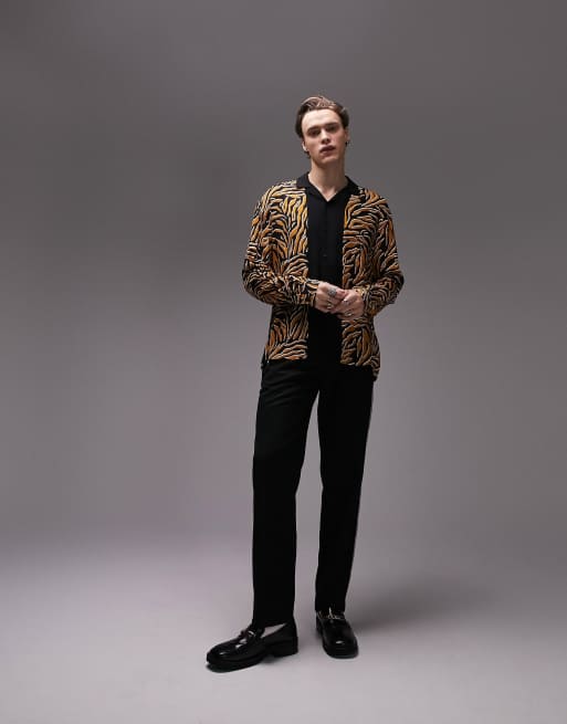 Topman long sleeve viscose revere shirt in animal print