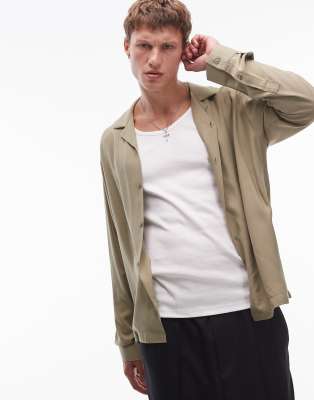 Topman Long Sleeve Viscose Shirt In Khaki-green