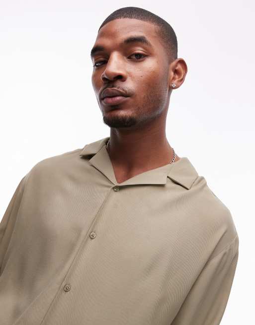 Topman long sleeve viscose shirt in khaki | ASOS