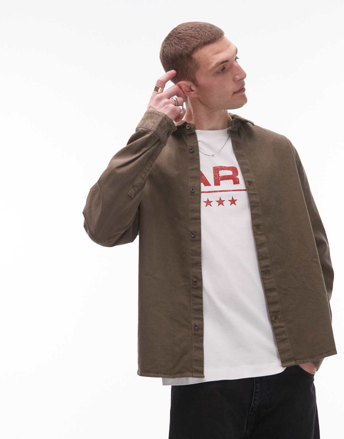 Topman long sleeve washed canvas overshirt in khaki