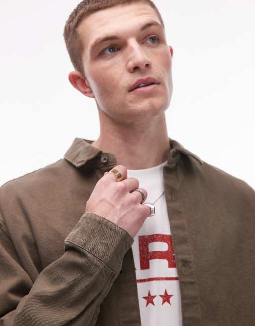 Topman long sleeve washed canvas overshirt in khaki, 2 of 4