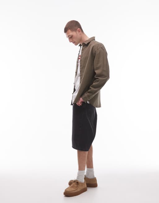 Topman long sleeve washed canvas overshirt in khaki, 3 of 4