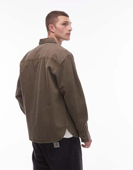 Topman long sleeve washed canvas overshirt in khaki, 4 of 4