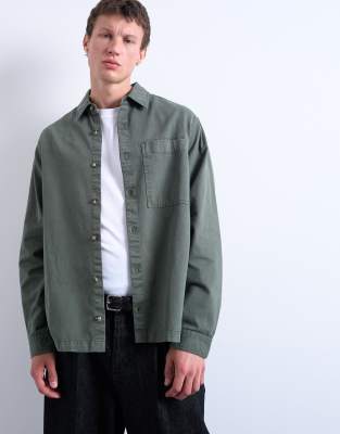 long sleeve washed overshirt in khaki-Green