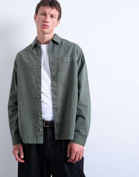 Topman long sleeve washed overshirt in khaki - view 1