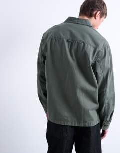 Model wearing Long sleeve washed overshirt in khaki